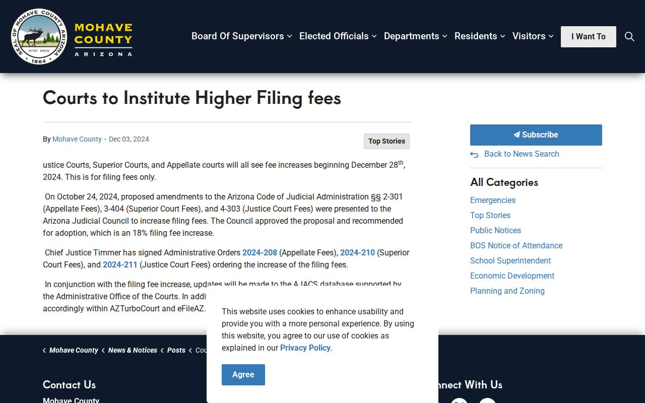 Bullhead City court docket filing fee change notice